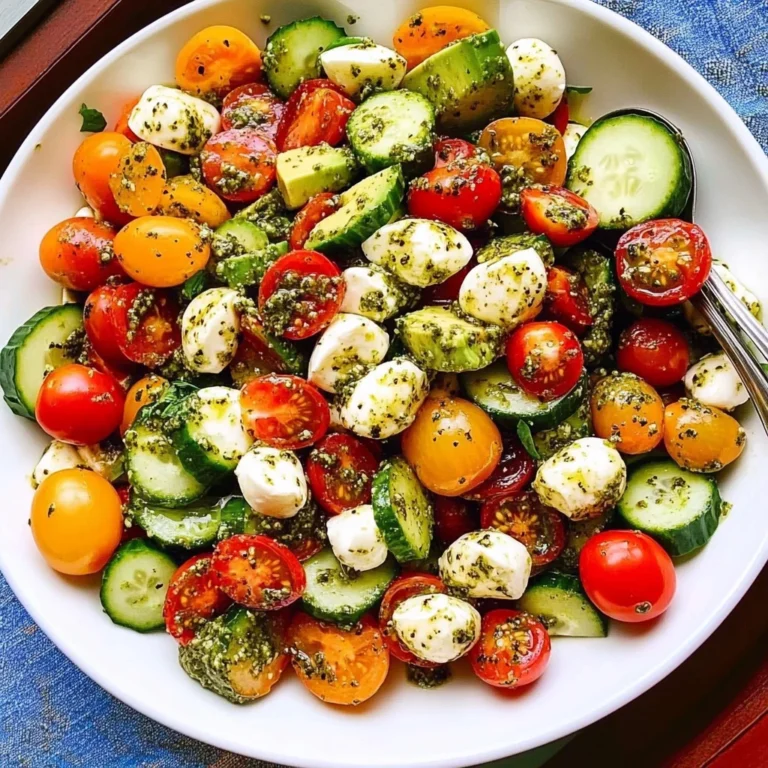 Tomato Cucumber Avocado Salad with Mozzarella and Basil Pesto