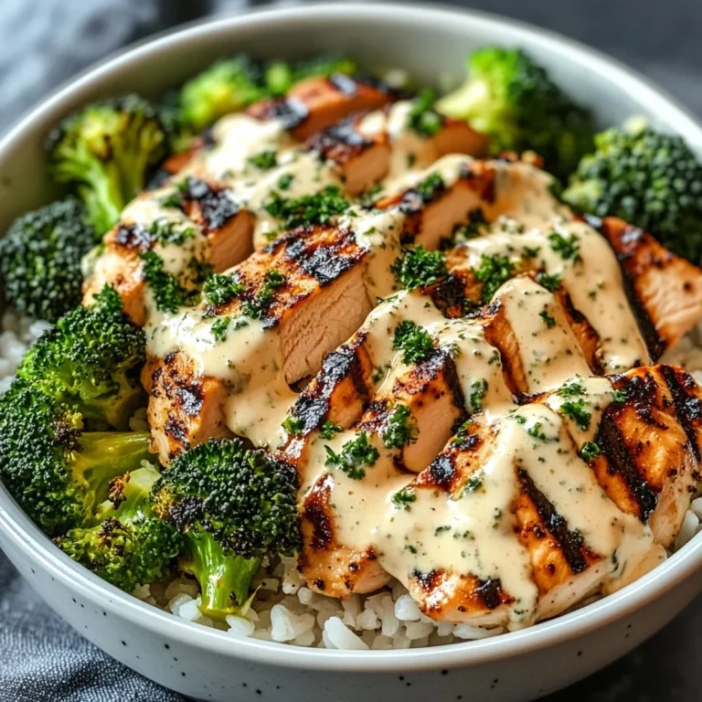Grilled Chicken & Broccoli Bowls with Creamy Garlic Sauce