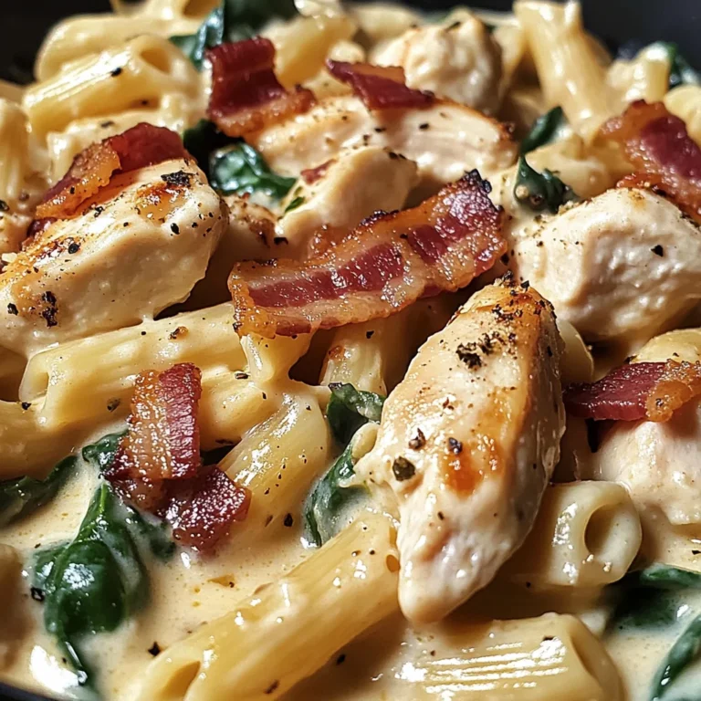 Creamy Chicken, Bacon & Spinach Pasta in Cheesy Garlic Sauce
