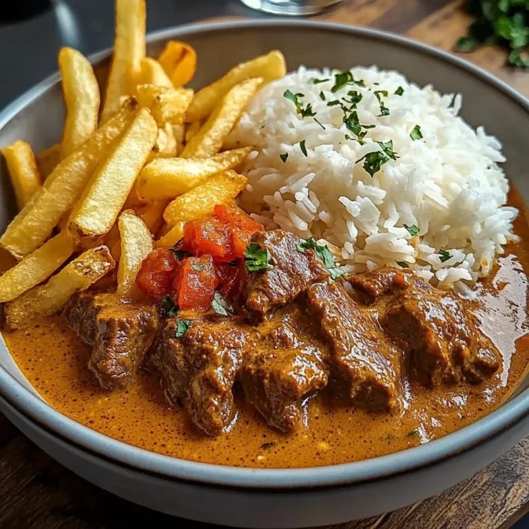 Creamy Coconut Curry Beef with Rice and Fries