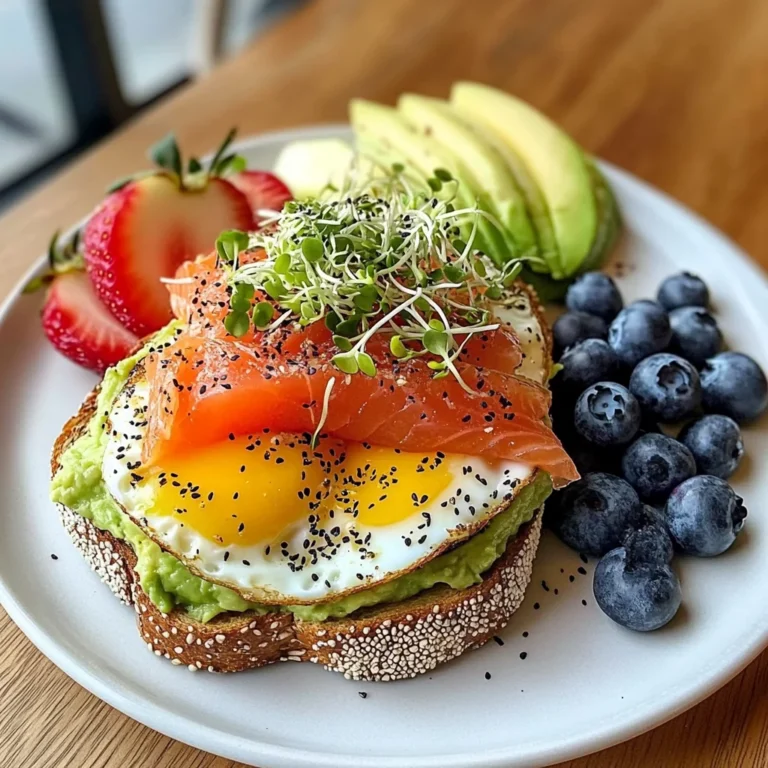 Smoked Salmon & Egg Avocado Toast Plate with Fresh Fruit & Tea